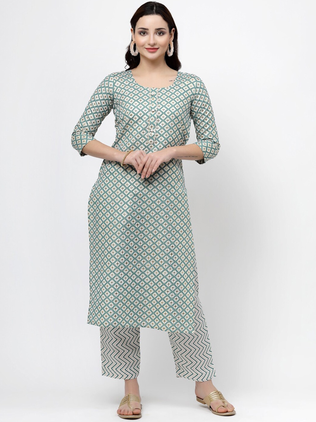 

KALINI Ethnic Motifs Printed Regular Pure Cotton Kurta With Trousers, Green