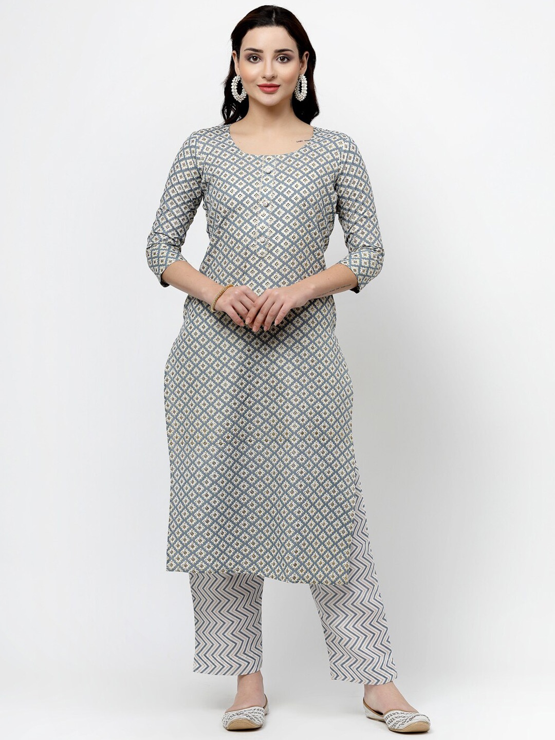 

KALINI Ethnic Motifs Printed Regular Pure Cotton Kurta With Trousers, Grey