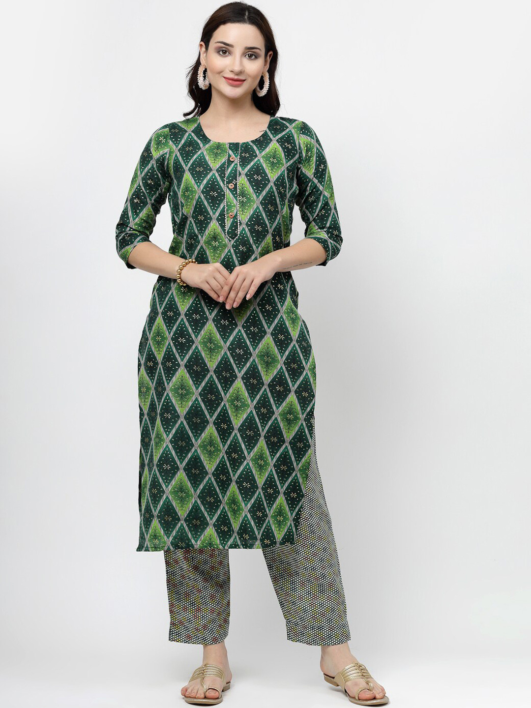 

KALINI Green Ethnic Motifs Printed Regular Pure Cotton Kurti With Trousers