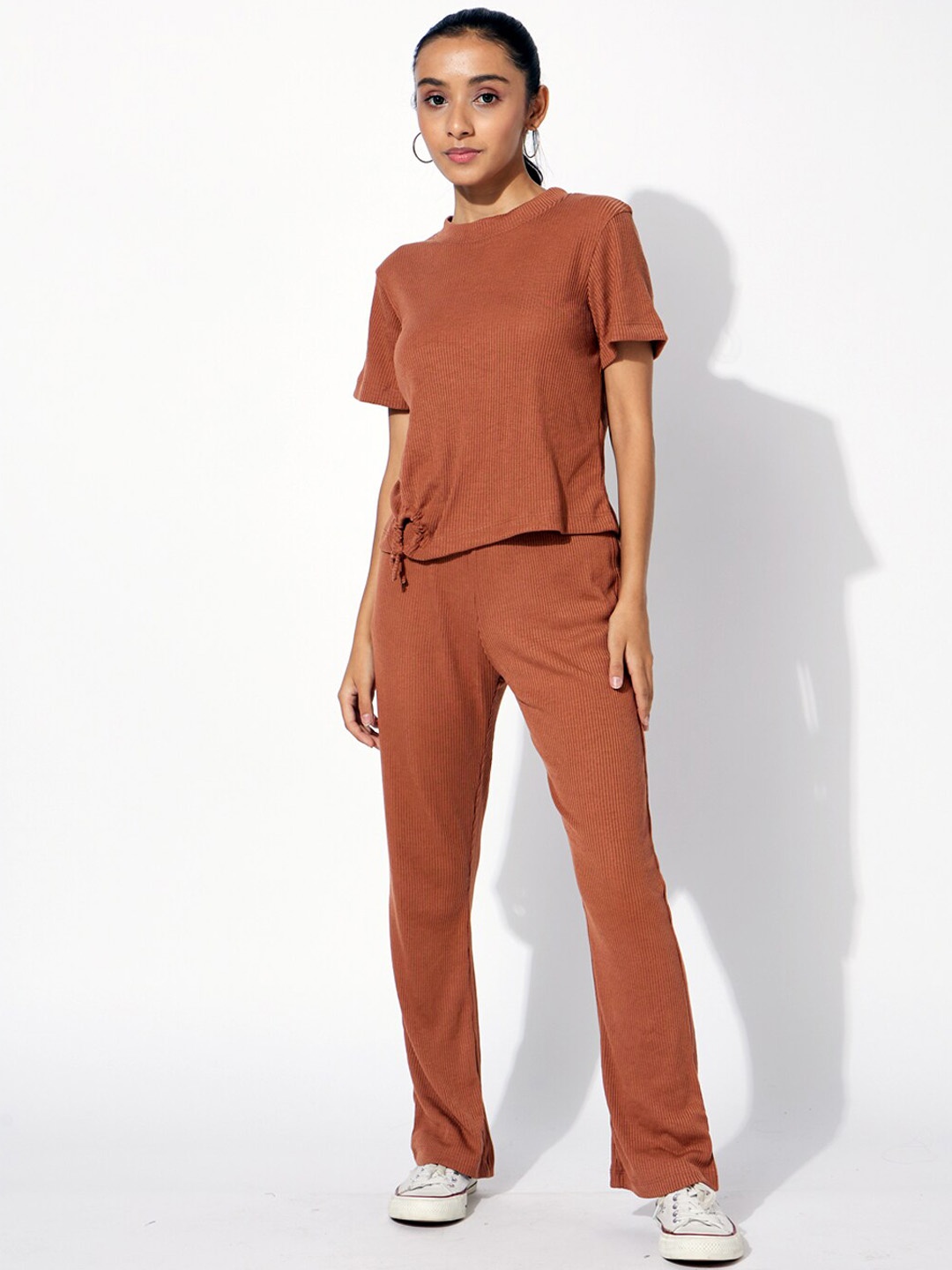 

luyk Girls Ribbed Pure Cotton Top With Trousers, Brown