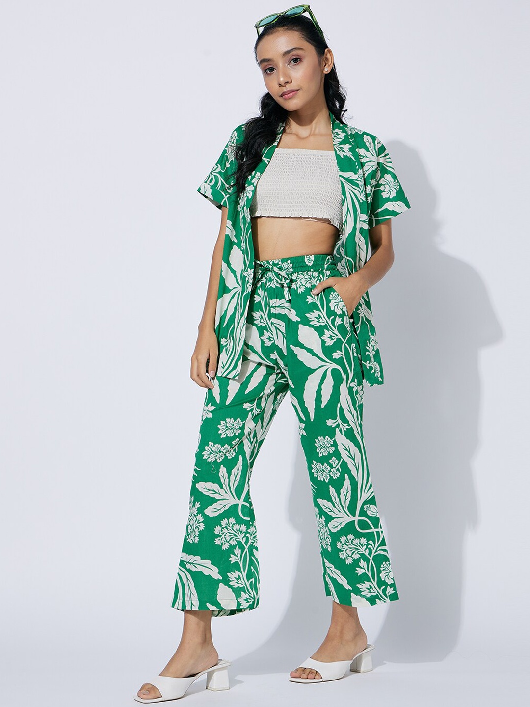 

luyk Girls Pure Cotton Crop Top and Trousers With Shrug Co-Ords, Green
