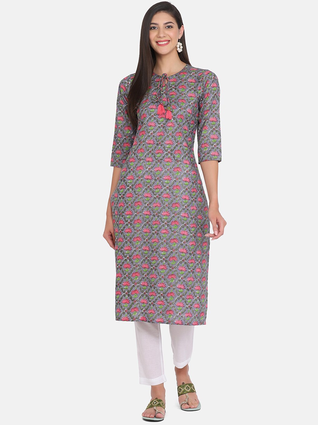 

KALINI Ethnic Printed Regular Pure Cotton Kurta with Trousers, Grey