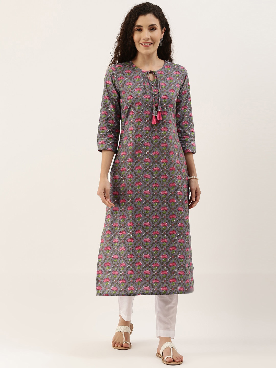 

KALINI Floral Printed Regular Pure Cotton Kurta With Trousers, Grey