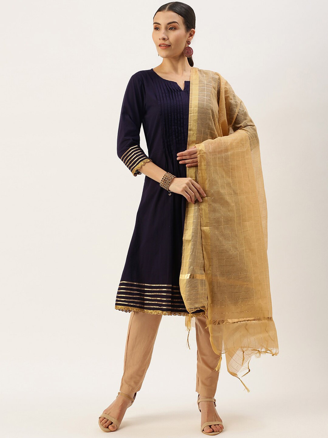 

KALINI Regular Pure Cotton Kurta With Trousers & Dupatta, Navy blue
