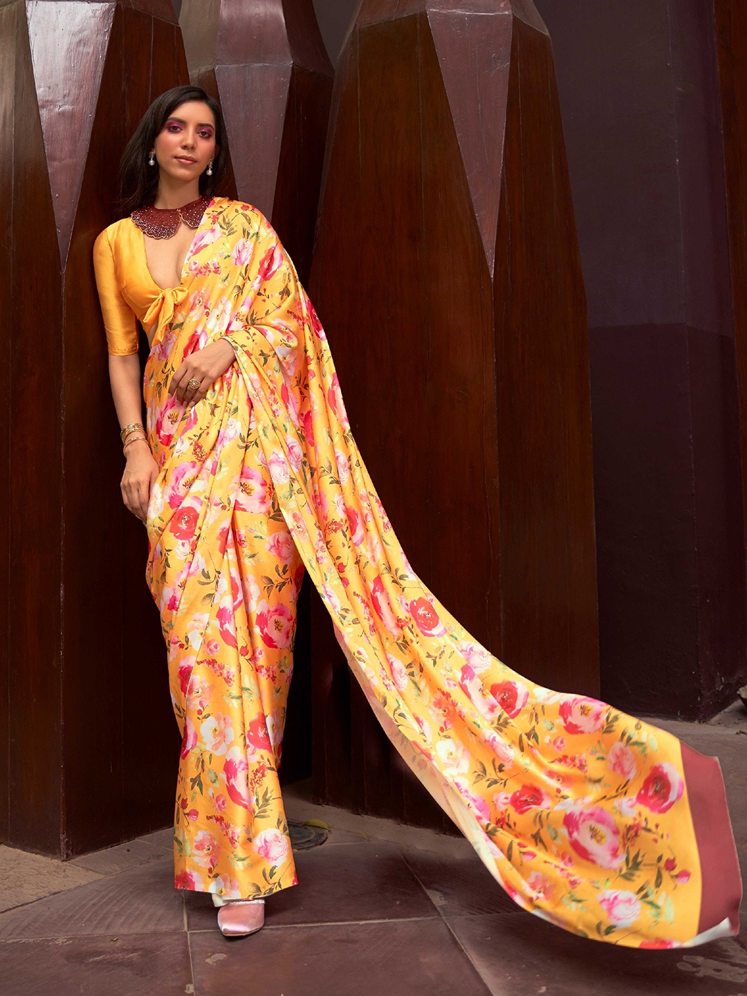 

Mitera Yellow & Pink Floral Satin Saree