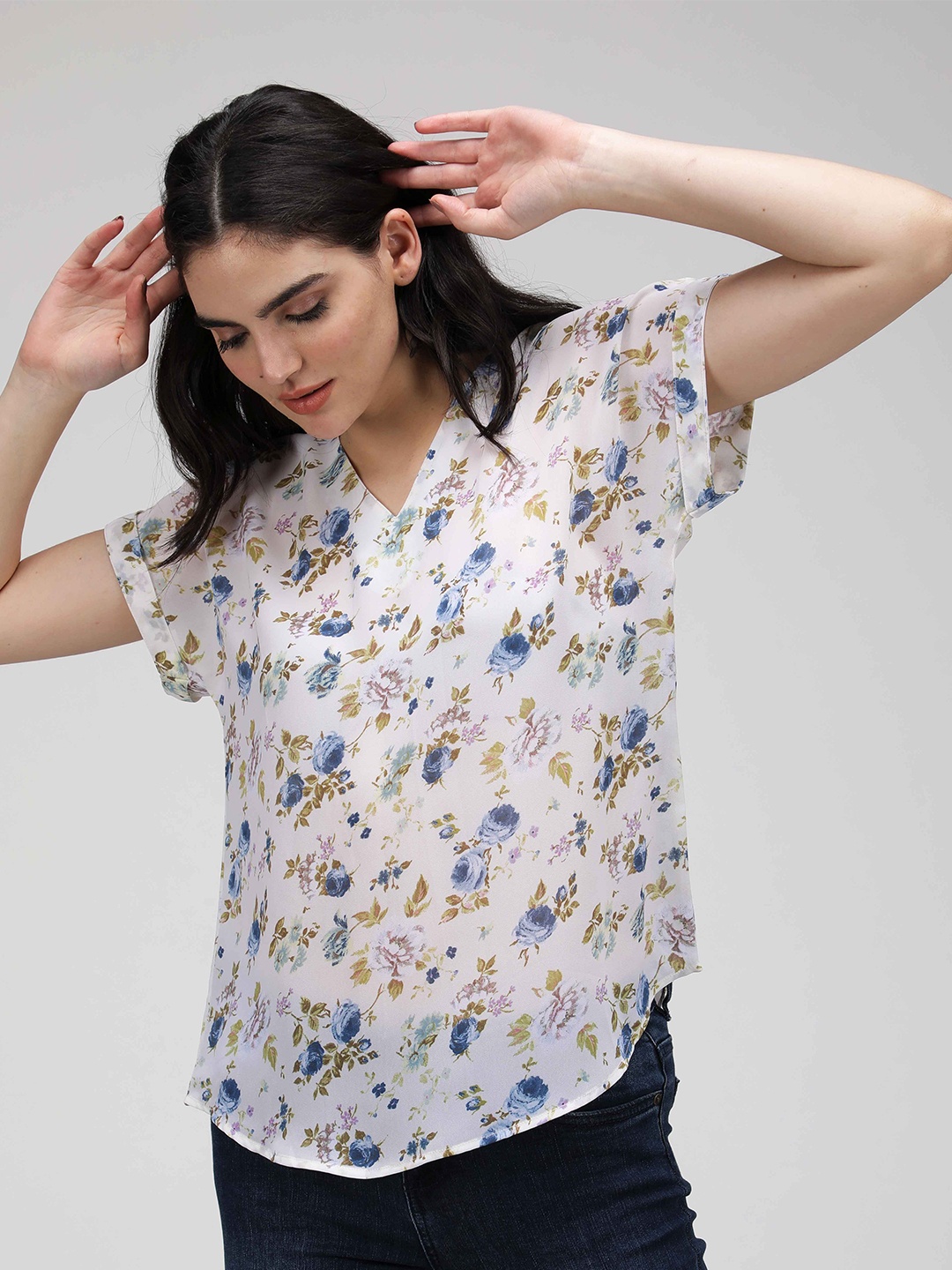 

IDK Floral Printed V-Neck Shirt Style Top, White