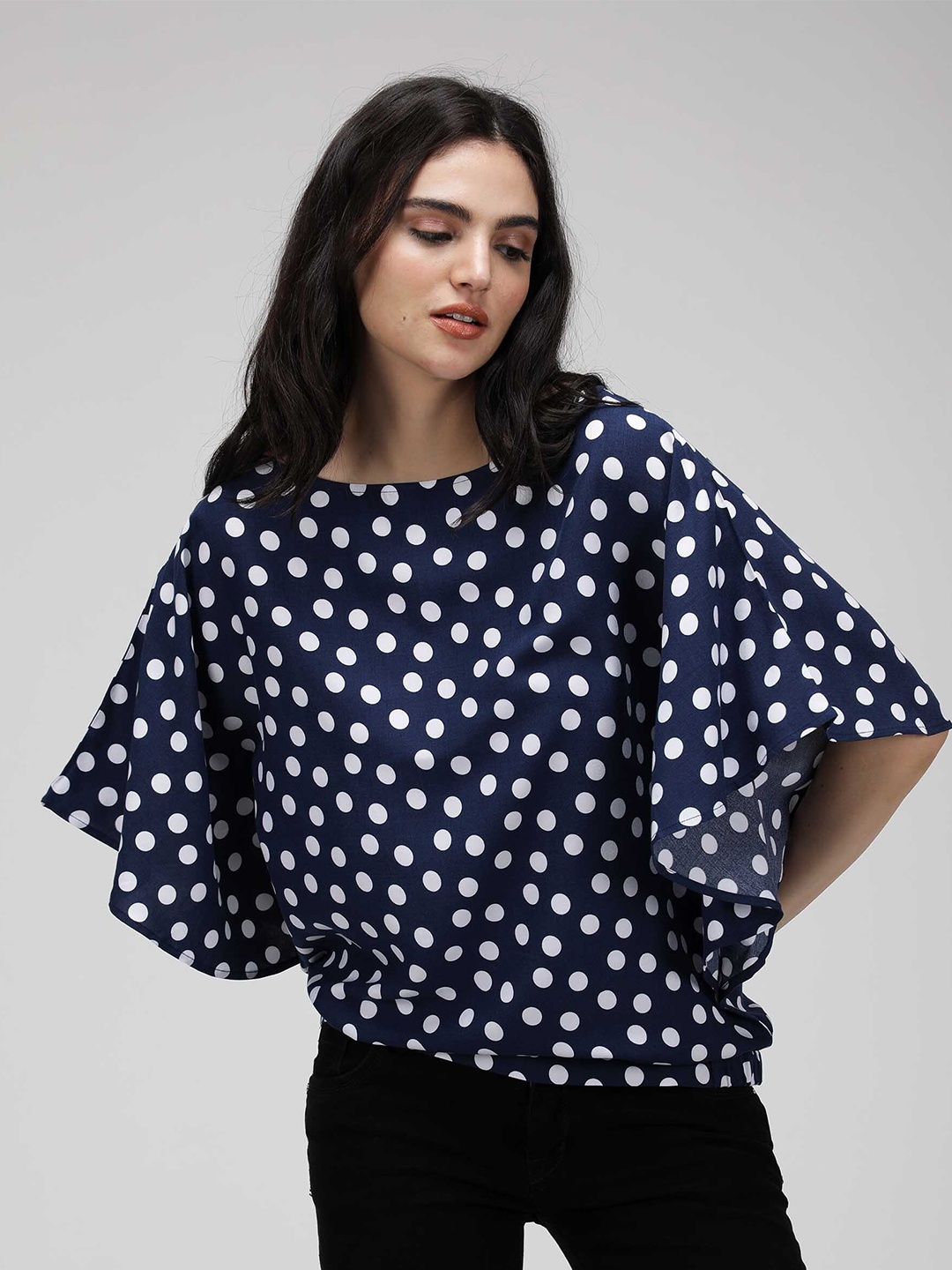 

IDK Blue Polka Dot Printed Cape Sleeve Top, Navy blue