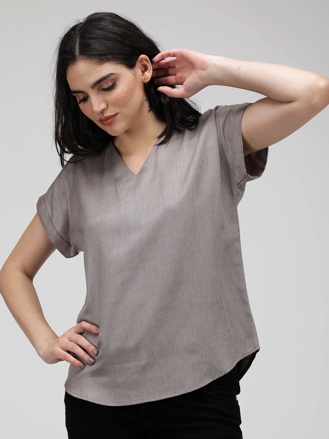 

IDK Checked Extended Sleeves V-Neck Top, Grey