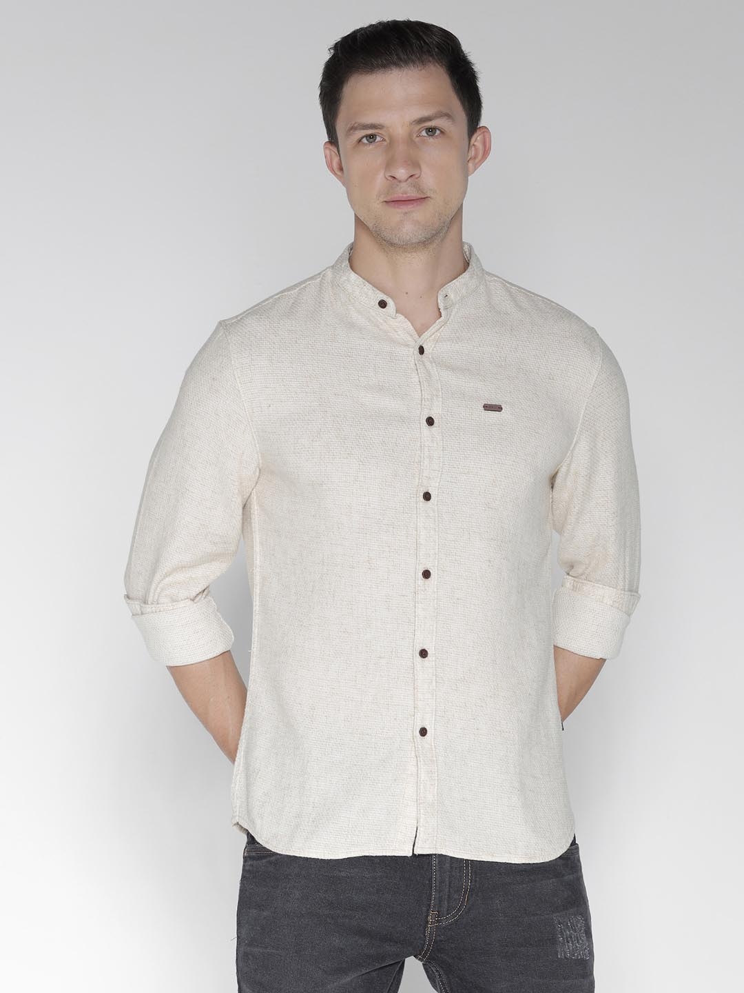 

IDENTITI Slim Fit Mandarin Collar Cotton Casual Shirt, Beige