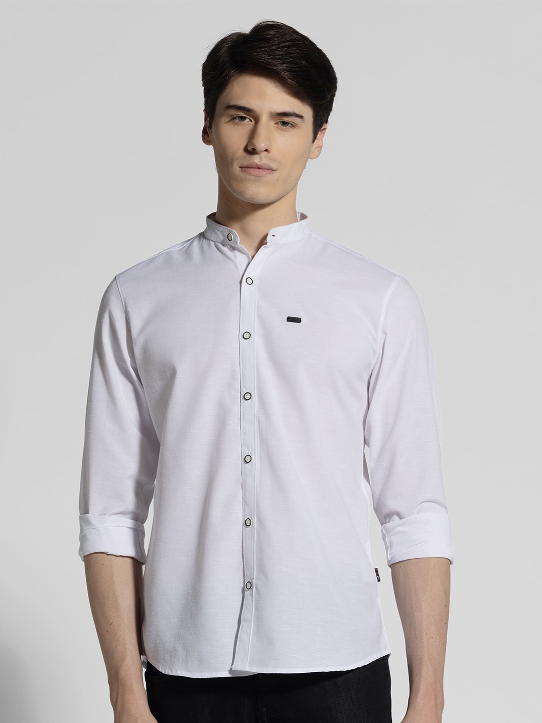 

IDENTITI Slim Fit Mandarin Collar Cotton Casual Shirt, White