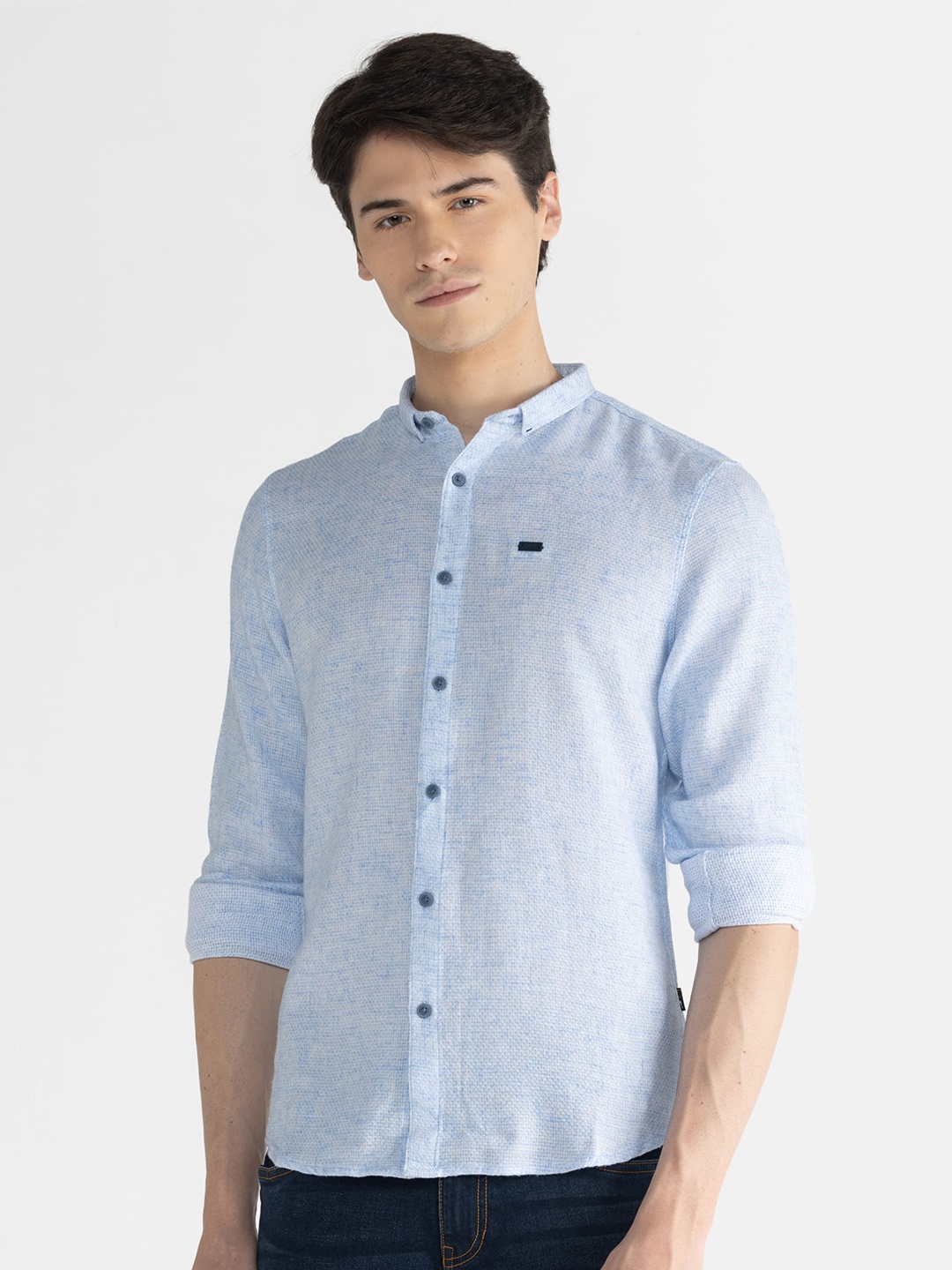 

IDENTITI Slim Fit Self Deisgn Button-Down Collar Cotton Casual Shirt, Blue