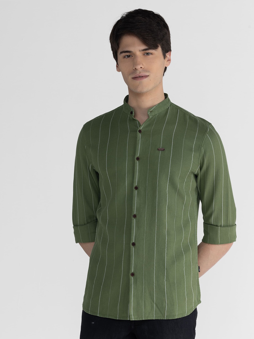 

IDENTITI Slim Fit Striped Mandarin Collar Cotton Casual Shirt, Green