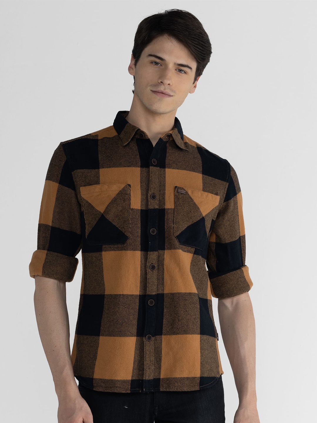 

IDENTITI Slim Fit Checked Cotton Casual Shirt, Beige