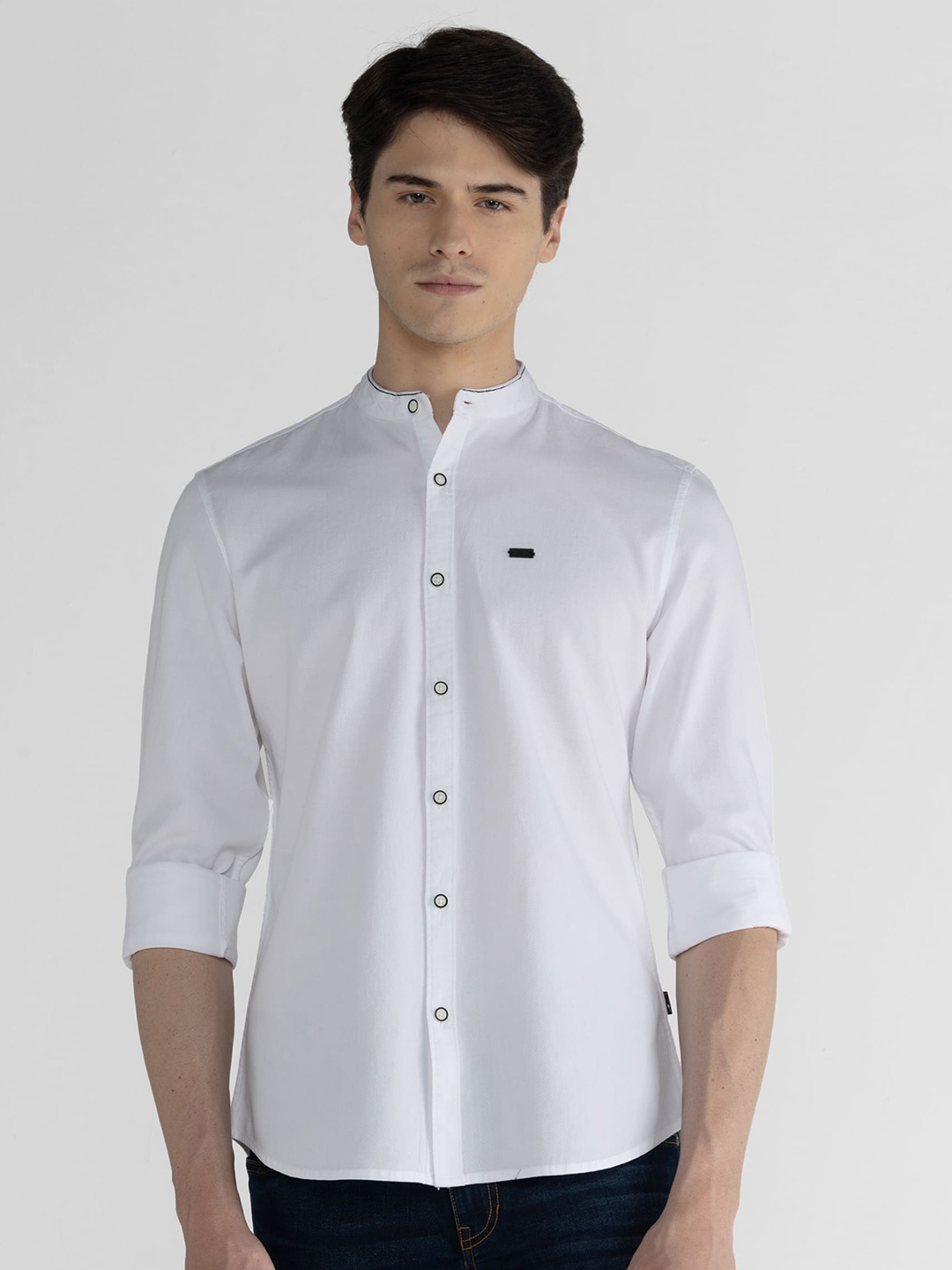 

IDENTITI Slim Fit Mandarin Collar Cotton Casual Shirt, White