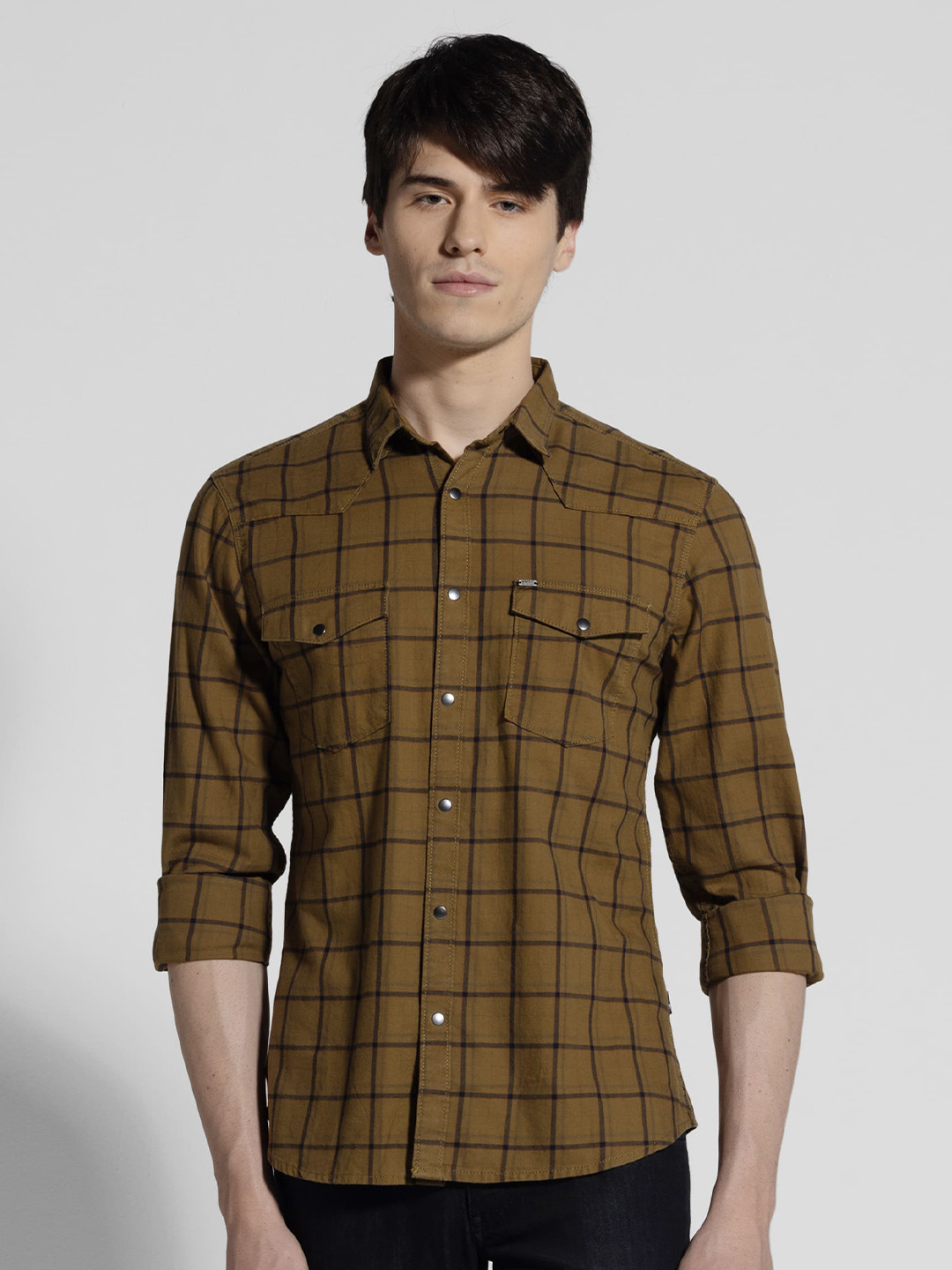 

IDENTITI Tartan Checked Spread Collar Cotton Casual Shirt, Brown