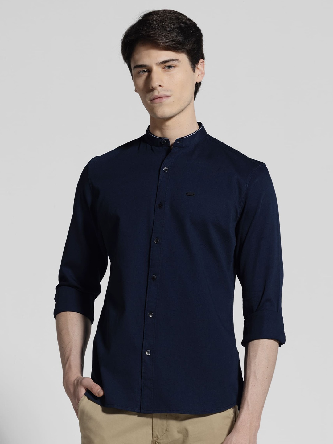 

IDENTITI Slim Fit Mandarin Collar Cotton Casual Shirt, Blue