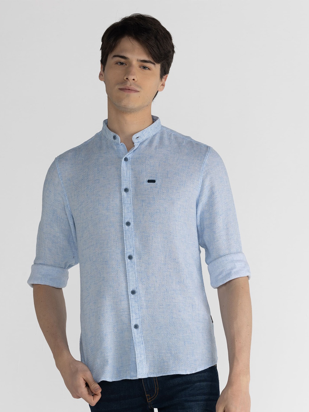 

IDENTITI Slim Fit Self Deisgn Mandarin Collar Cotton Casual Shirt, Blue