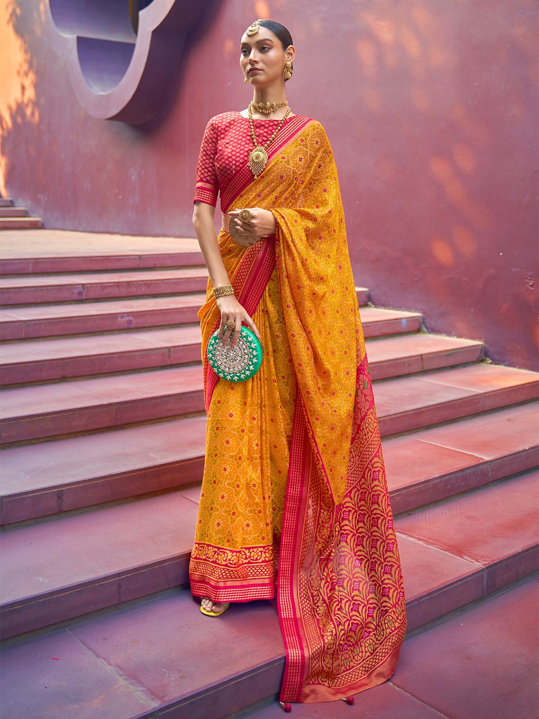 

elora Ethnic Motifs Woven Design Zari Pure Silk Bandhani Saree, Yellow