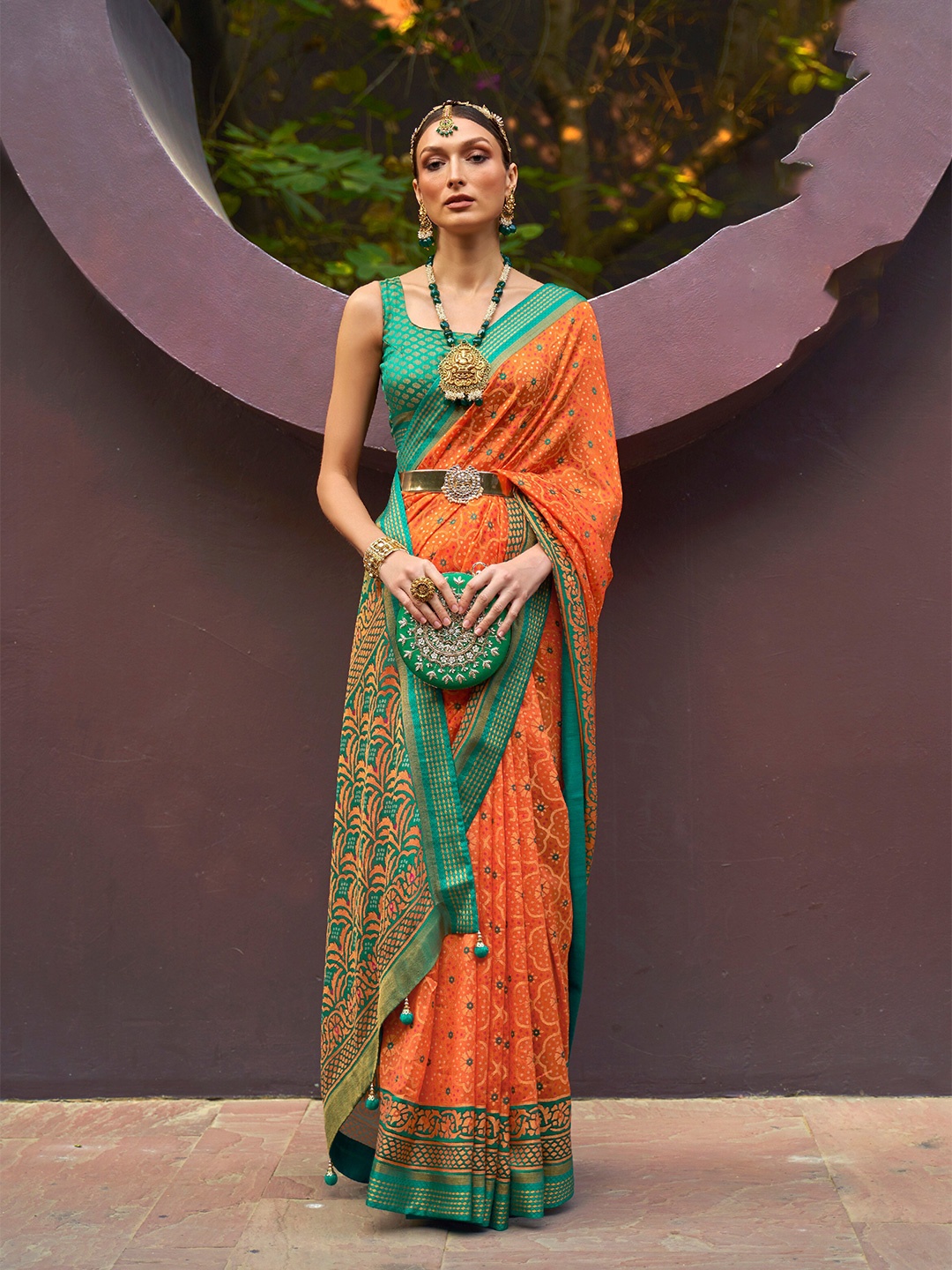 

elora Woven Design Zari Pure Silk Bandhani Saree, Orange