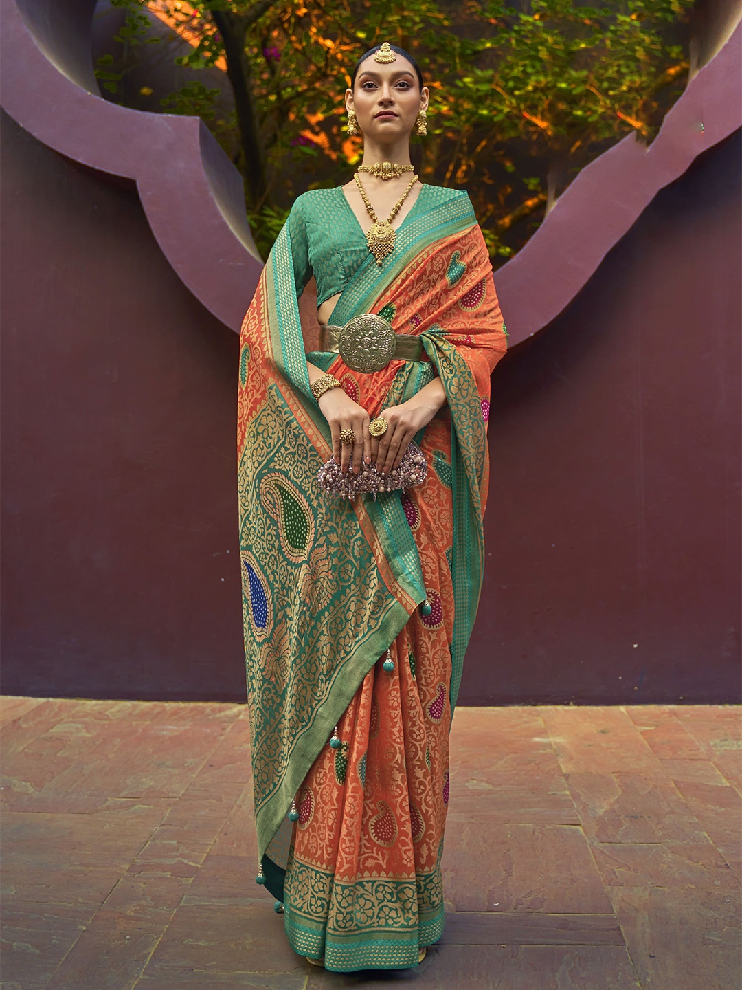 

elora Orange & Green Paisley Zari Pure Silk Bandhani Saree