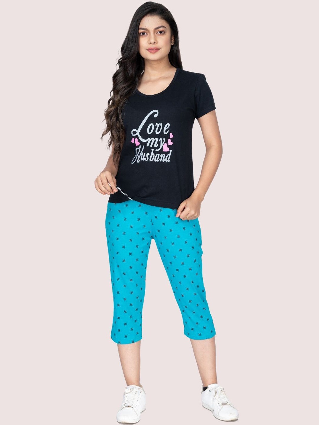 

StyleAOne Pure Cotton Printed T-shirt with Capris, Blue