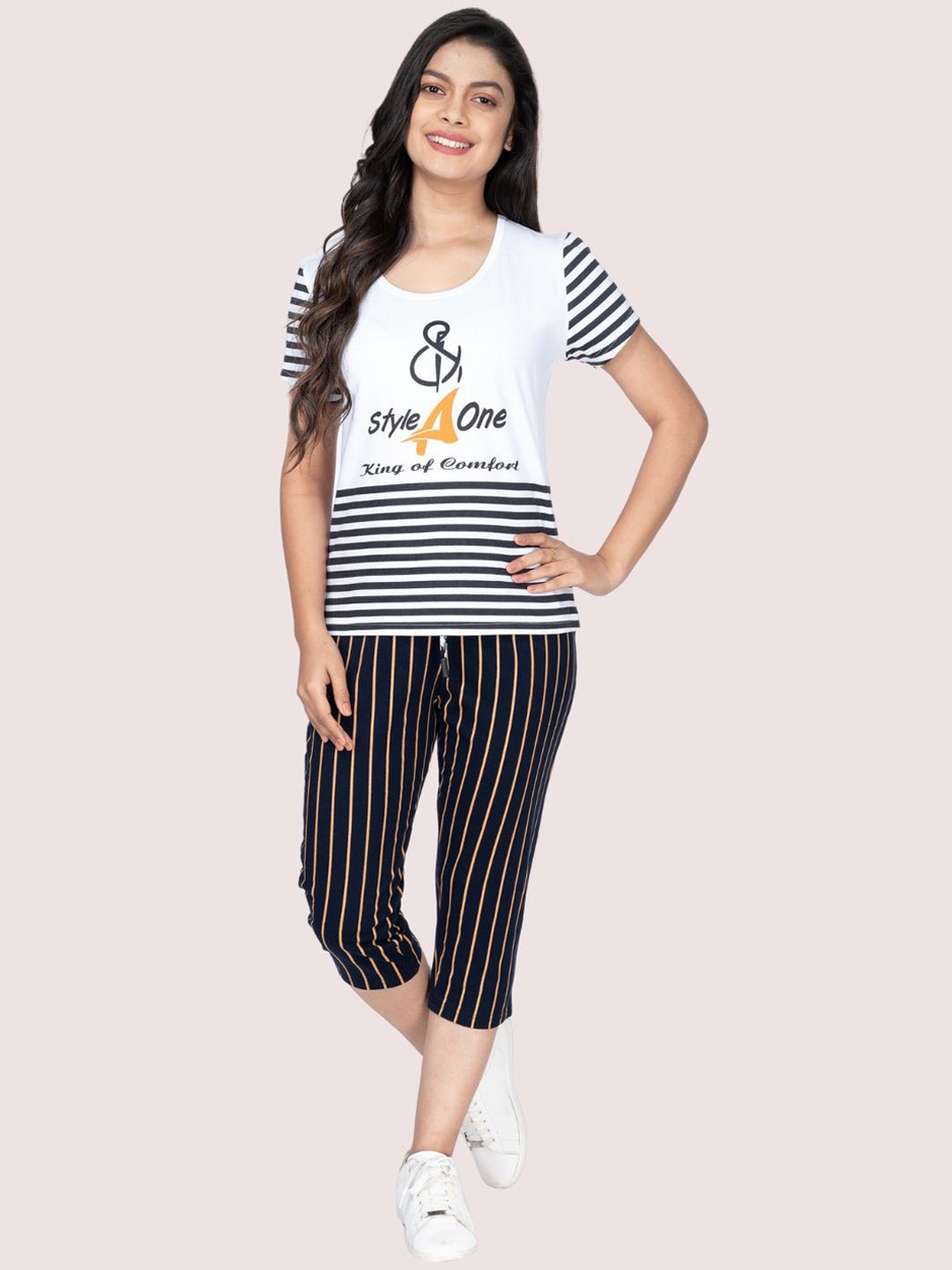 

StyleAOne Striped Pure Cotton T-Shirt & Capris, White