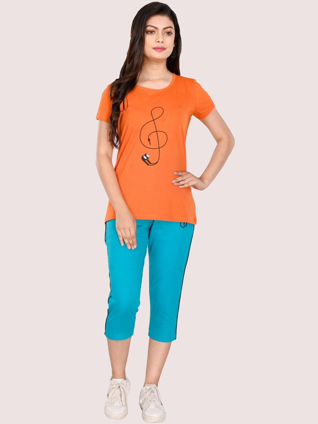 

StyleAOne Printed Pure Cotton T-Shirt With Capri Nightsuits, Orange