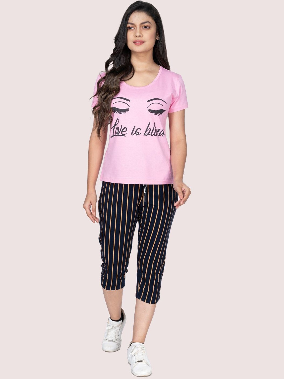 

StyleAOne Printed Pure Cotton T-shirt & Capris, Navy blue