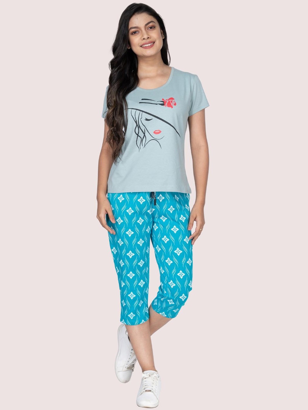 

StyleAOne Women Printed Pure Cotton Top & Capri Night Suits, Blue