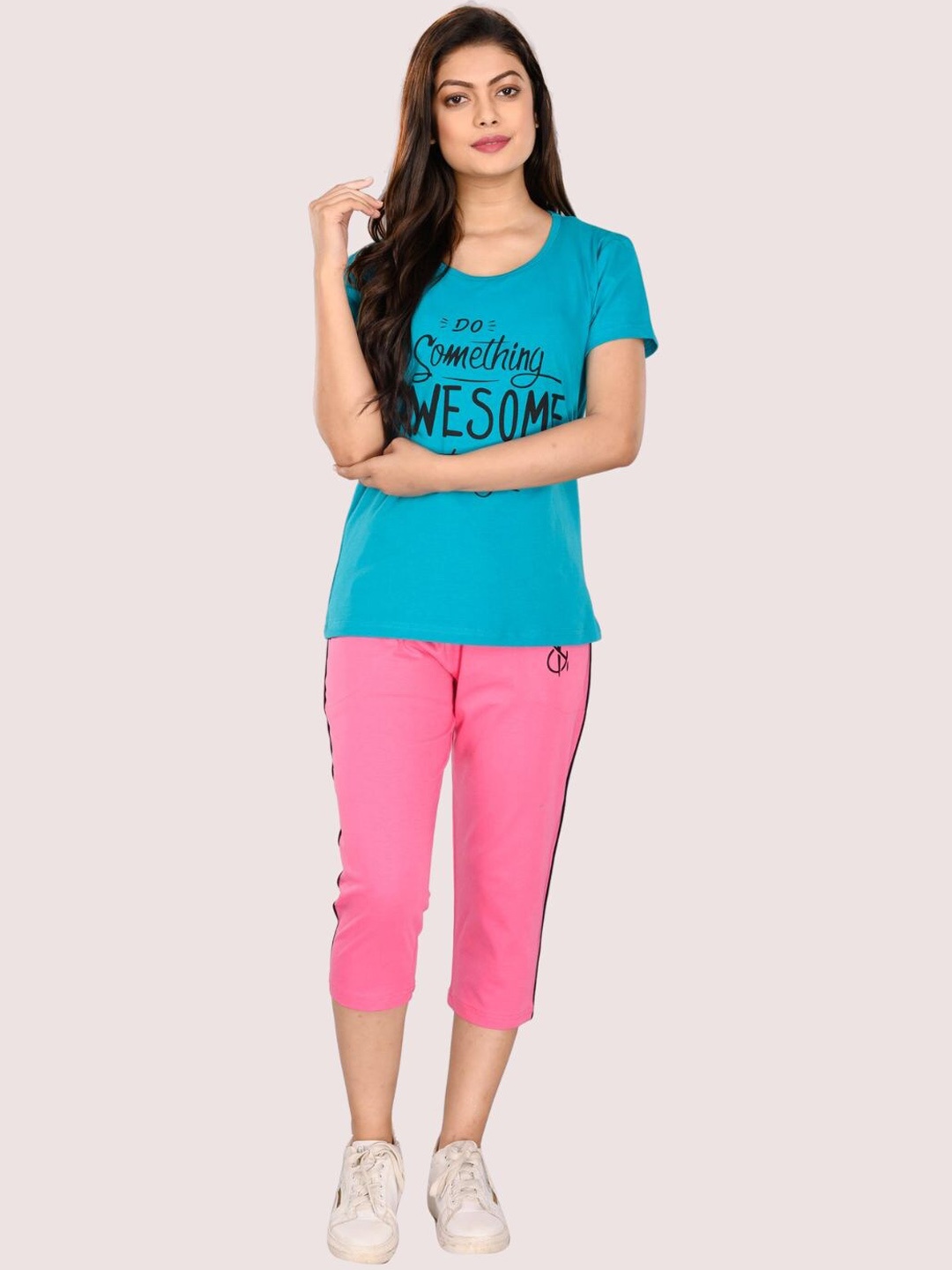 

StyleAOne Printed Pure Cotton T-Shirt with Capris, Blue