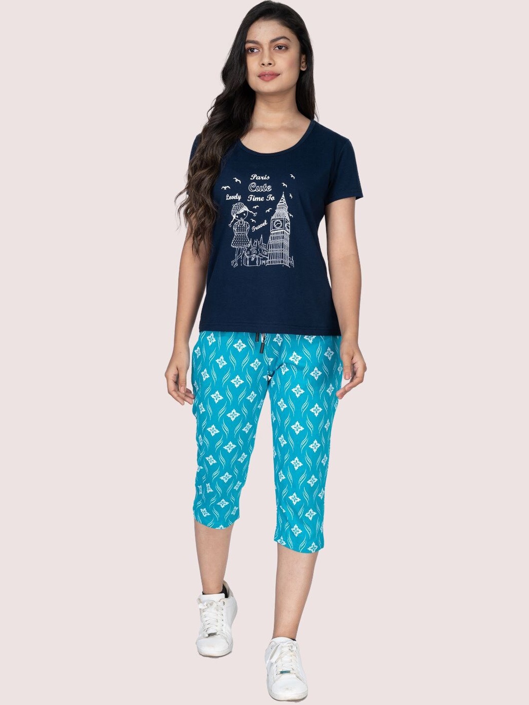 

StyleAOne Pure Cotton Printed Top & Capri Night Suit, Navy blue