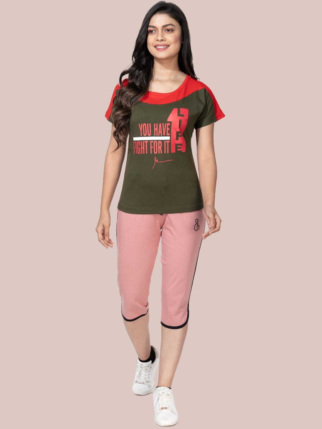 

StyleAOne Printed Pure Cotton T-shirt With Capris, Pink