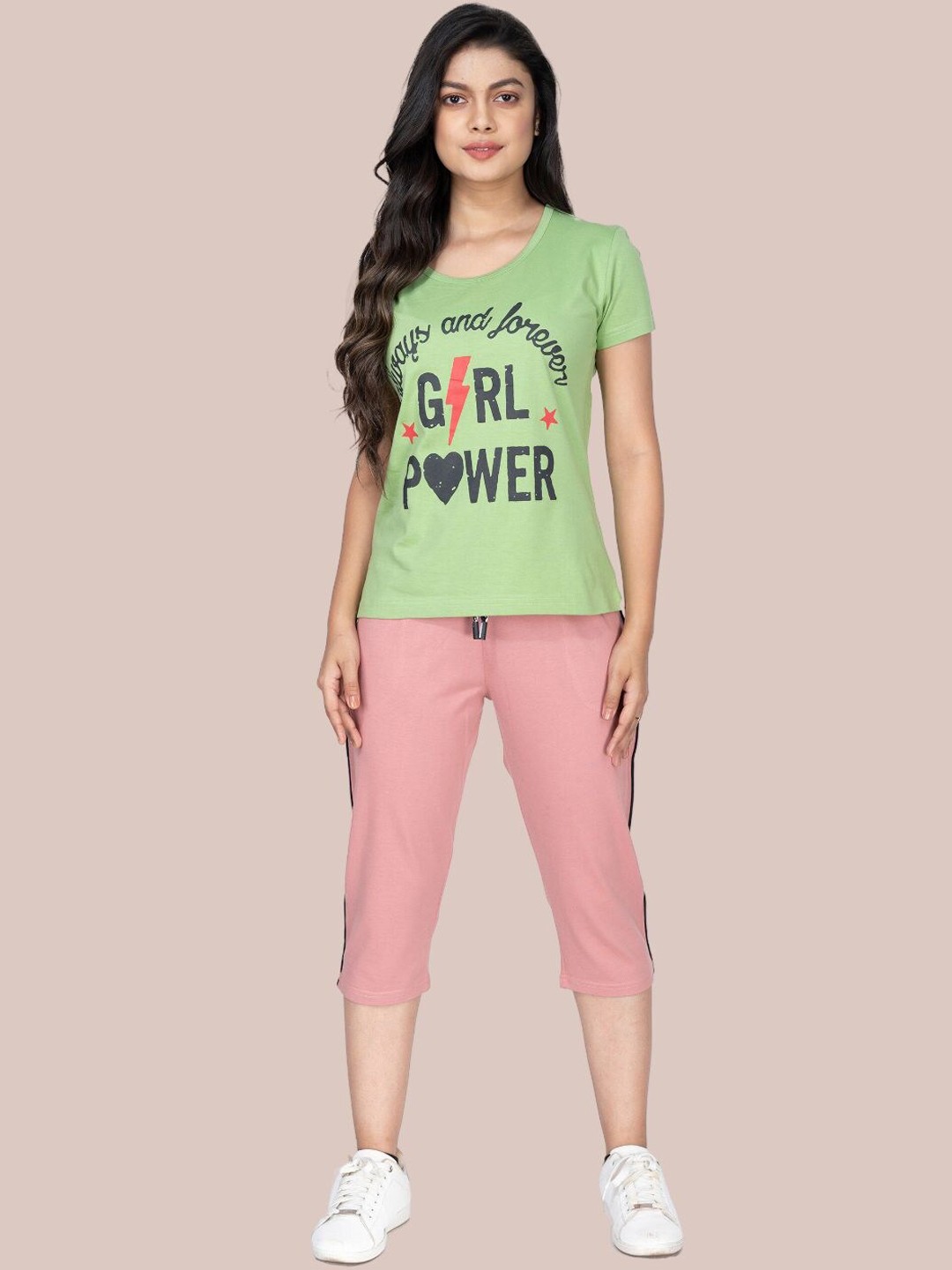 

StyleAOne Pure Cotton Printed T-shirt With Capri, Pink
