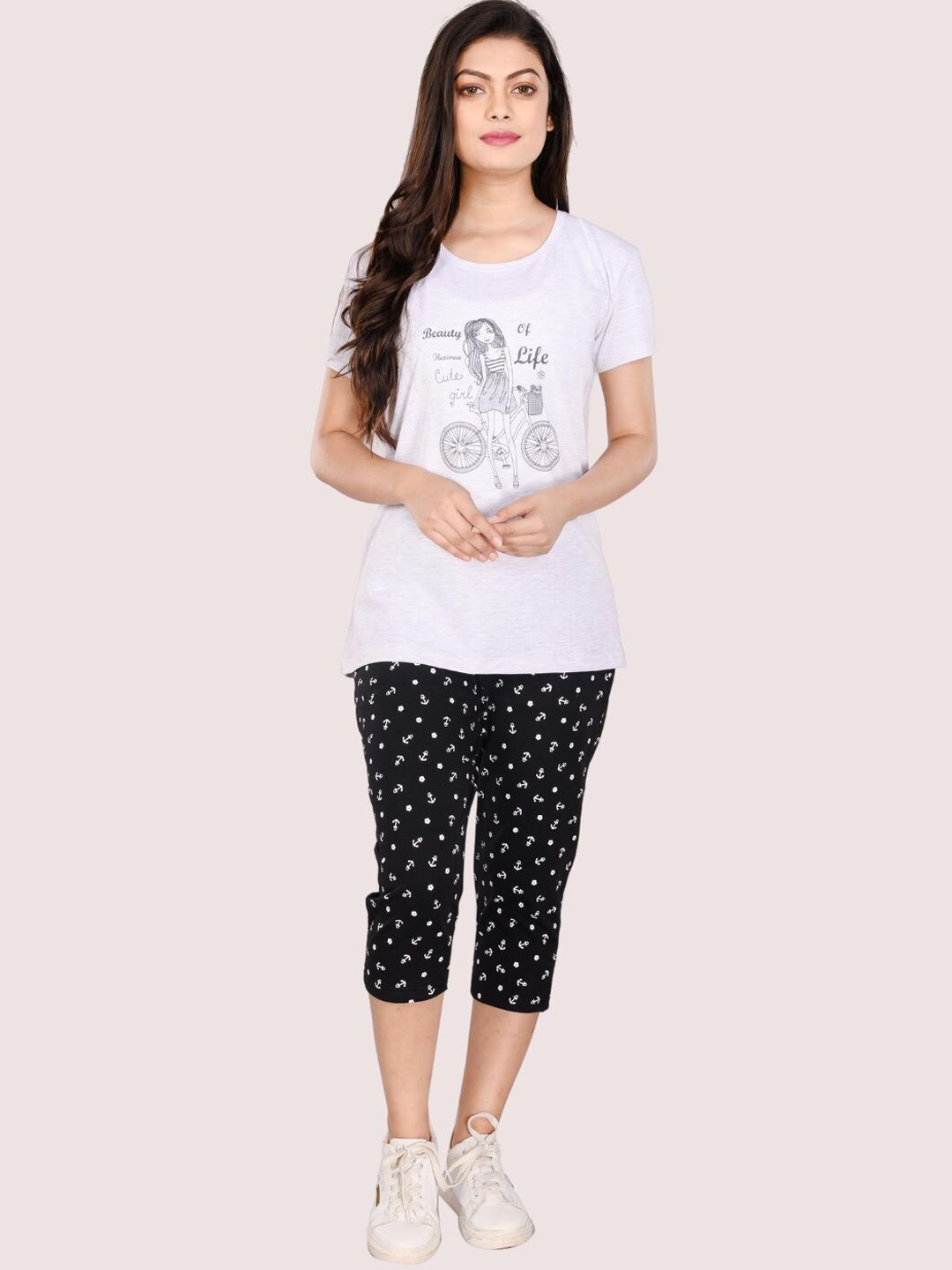 

StyleAOne Printed Pure Cotton T-shirt & Capris, White