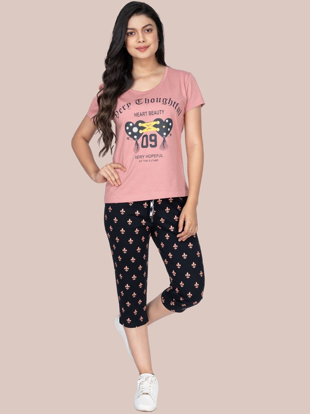 

StyleAone Women Printed Pure Cotton Top & Capri Night Suit, Black