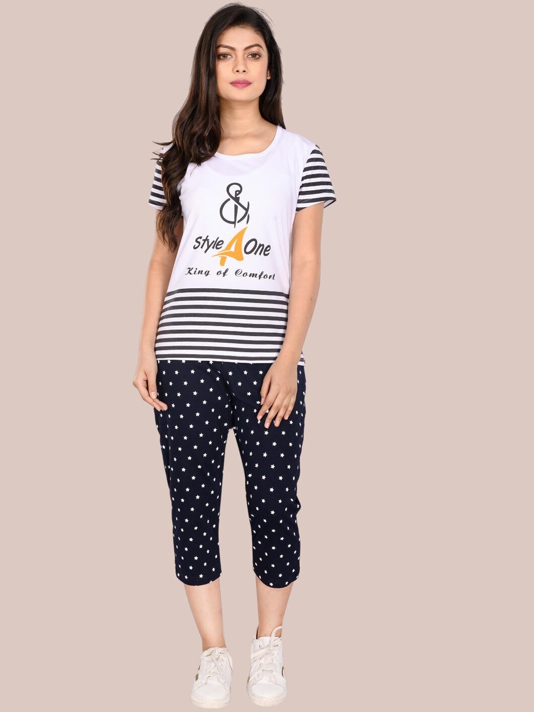 

StyleAOne Women Typography Printed Pure Cotton T-shirt With Capri, Black