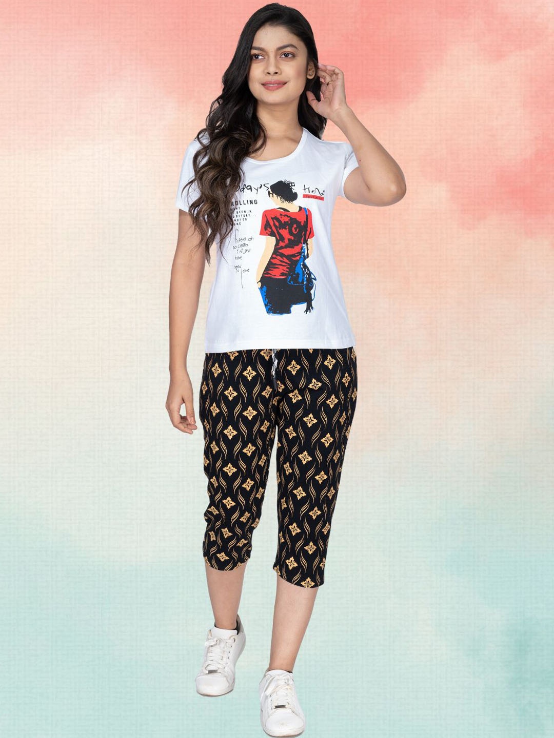 

StyleAOne Printed Pure Cotton T-shirt with Capris, Black
