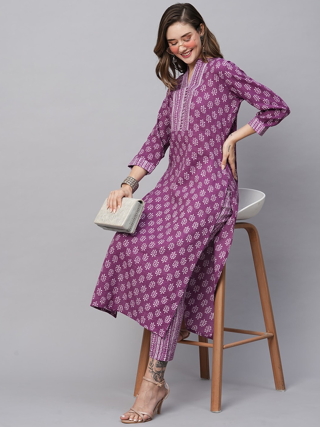 

KALINI Ethnic Motifs Printed Kurta with Trousers, Purple