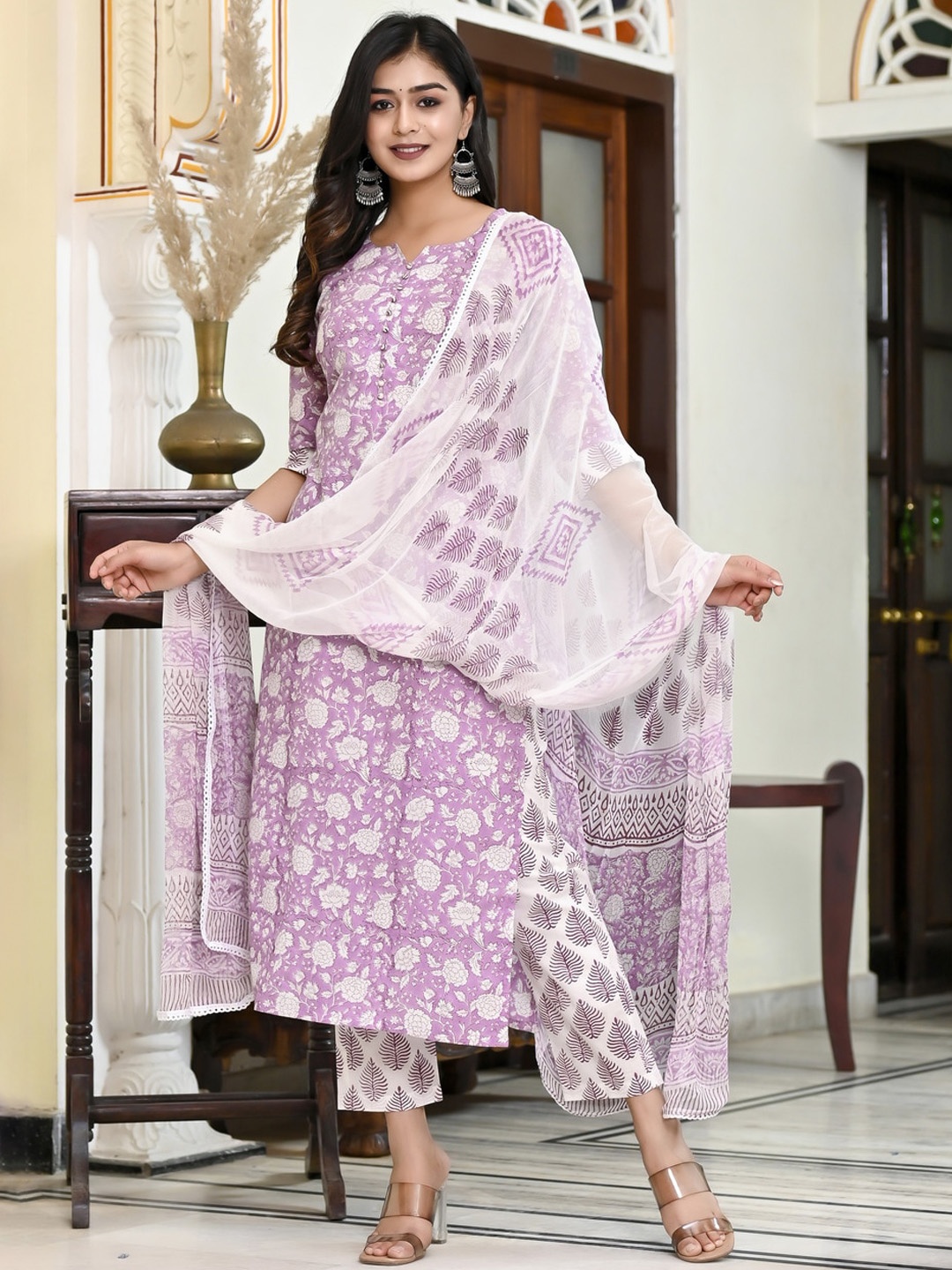 

KALINI Floral Printed Notched Neck Kurta with Trousers & With Dupatta, Purple