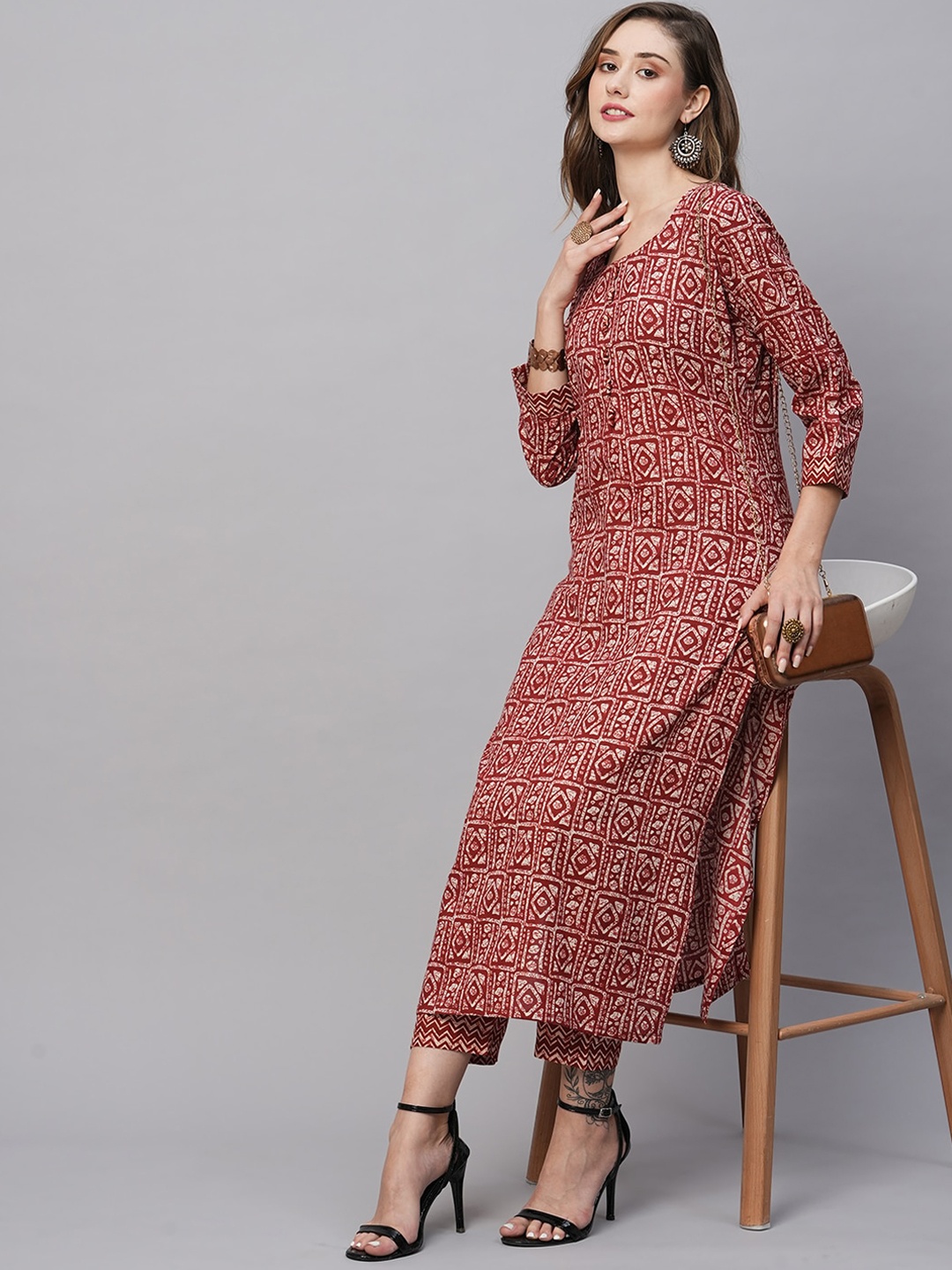 

KALINI Ethnic Motifs Printed Kurta with Trousers, Red