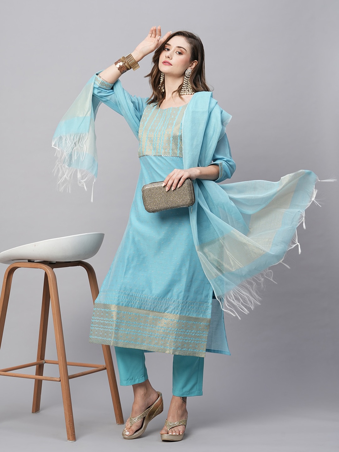 

KALINI Ethnic Motifs Yoke Design Gotta Patti Kurta with Trousers & With Dupatta, Turquoise blue