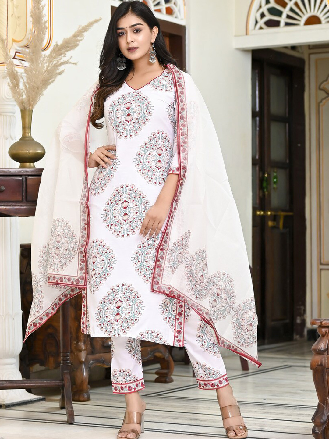 

KALINI Women Ethnic Motifs Printed Regular Kurta with Trousers & With Dupatta, White