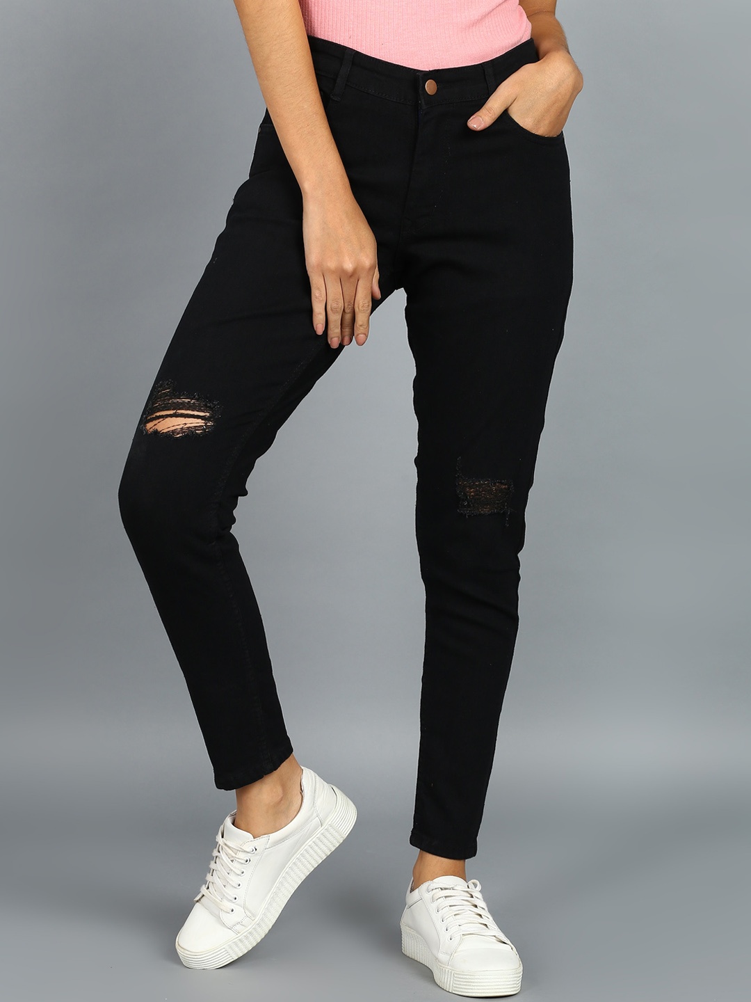 

Urbano Fashion Women Skinny Fit Mildly Distressed Stretchable Jeans, Black