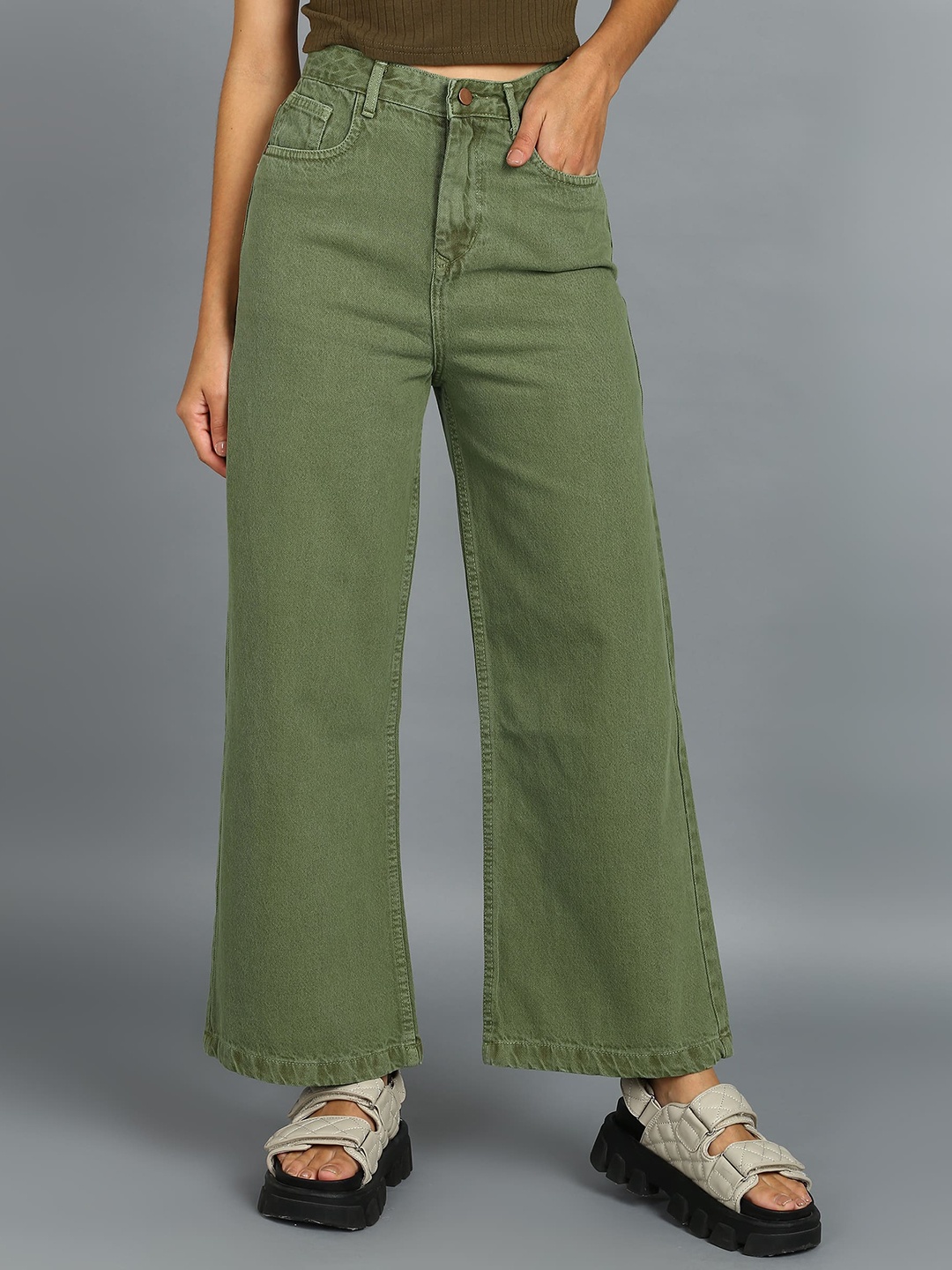 

Urbano Fashion Women Cotton Wide Leg Jeans, Green