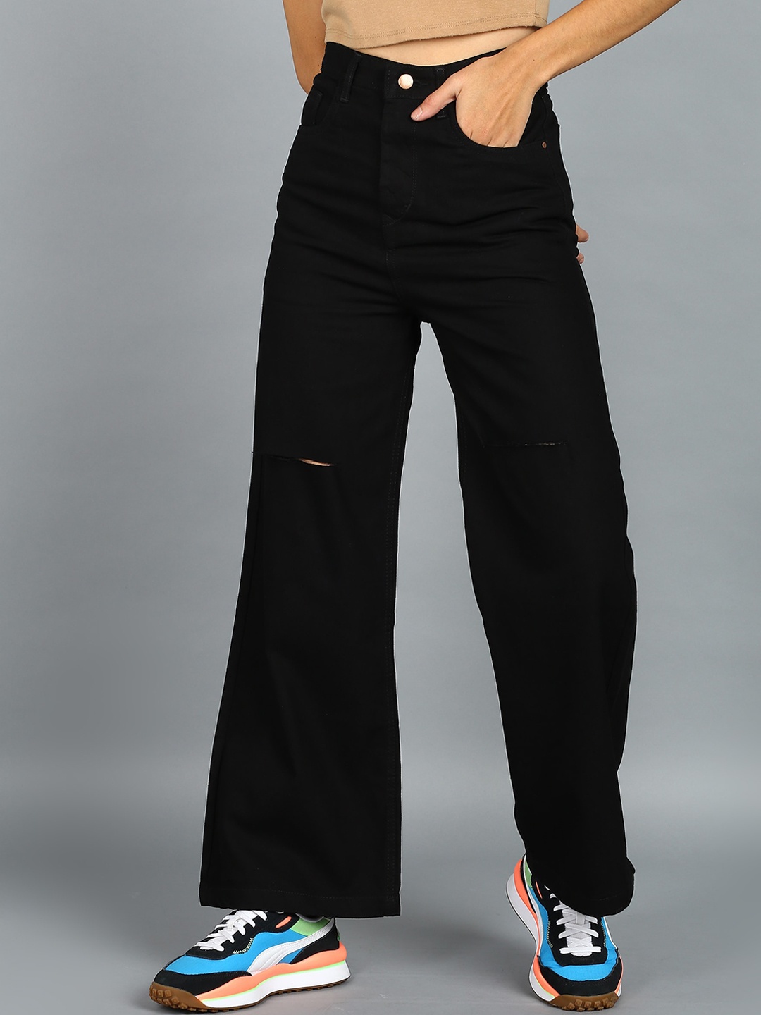 

Urbano Fashion Women Mildly Distressed Cotton Non-Stretchable Wide Leg Jeans, Black