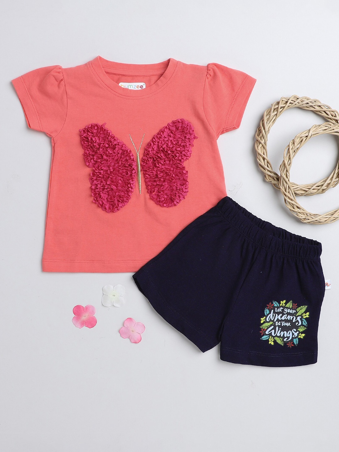 

BUMZEE Girls Peach-Coloured & Black T-shirt with Shorts