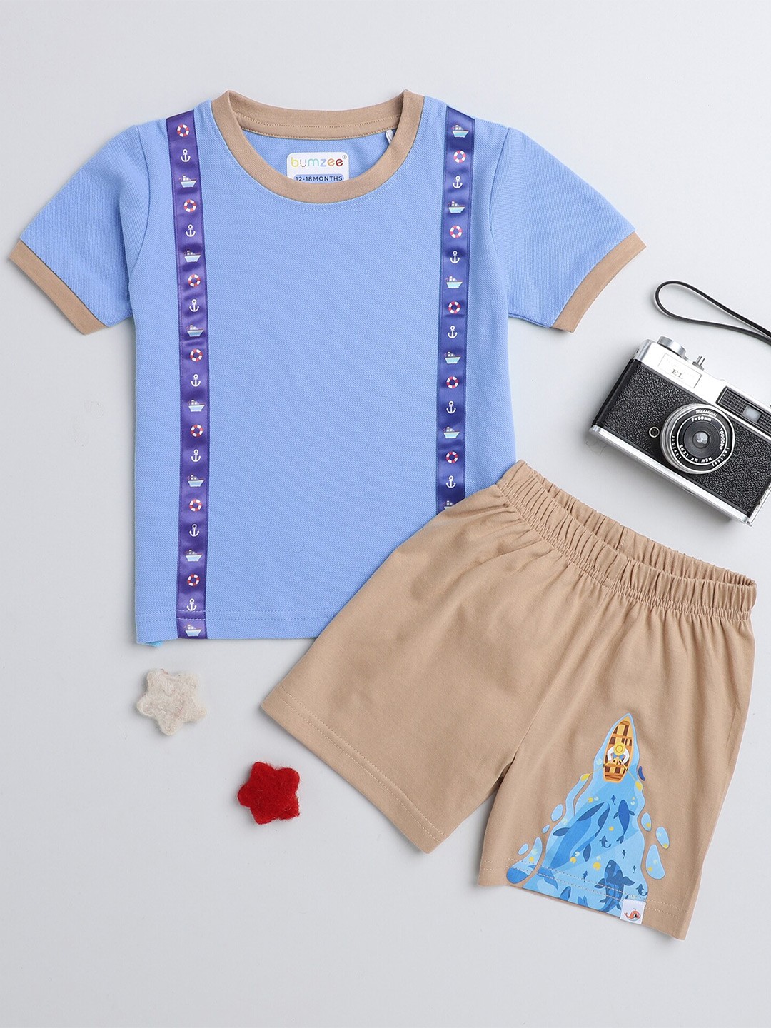 

BUMZEE Boys Pure Cotton Printed T-shirt with Shorts, Blue