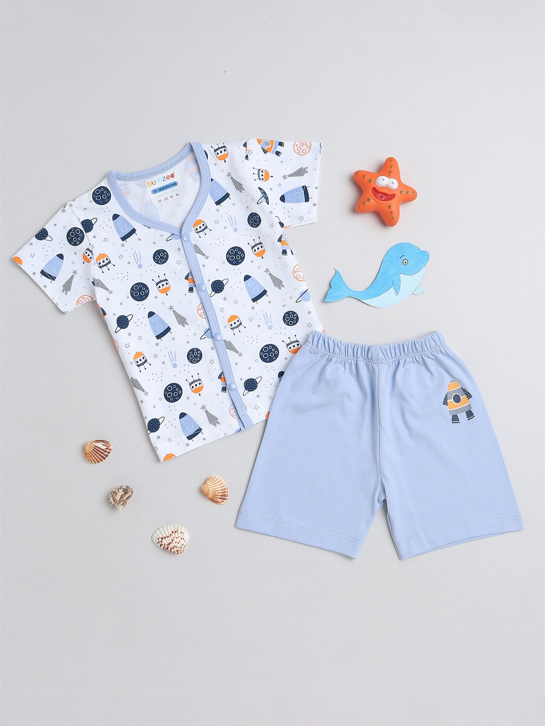 

BUMZEE Boys Pure Cotton Printed T-shirt with Shorts, White