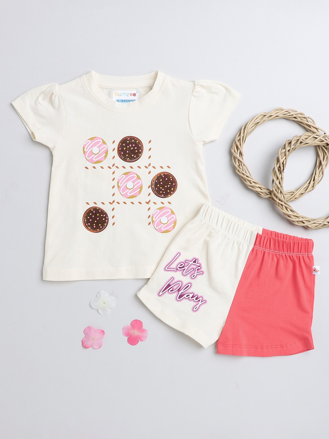 

BUMZEE Girls Cream-Coloured & Red Printed T-shirt with Shorts