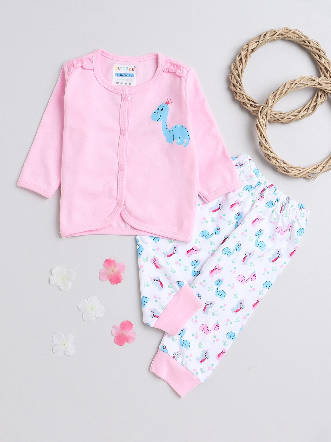 

BUMZEE Girls Pure Cotton Printed T-shirt with Pyjamas, Pink
